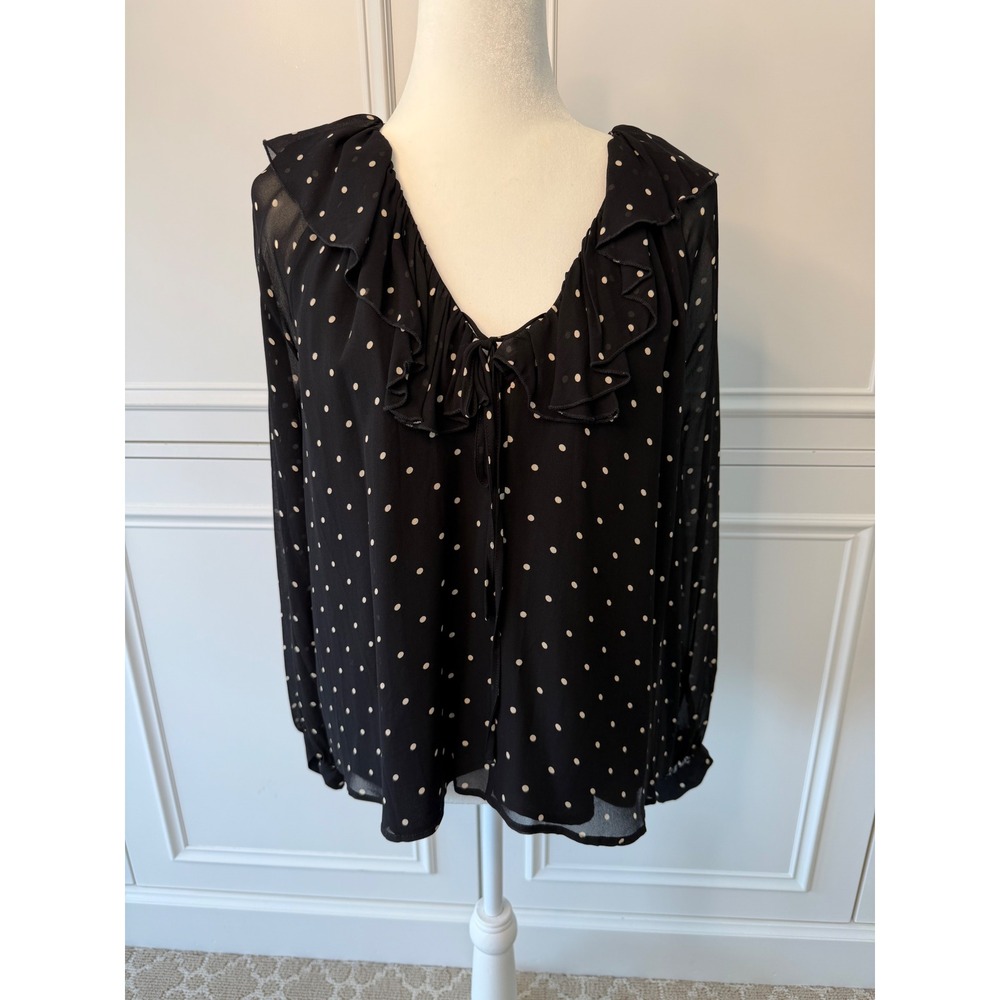 Rails Honora Blouse Womens Large Black Very Good Polka Dot Ruffle V-Neck Tie Top